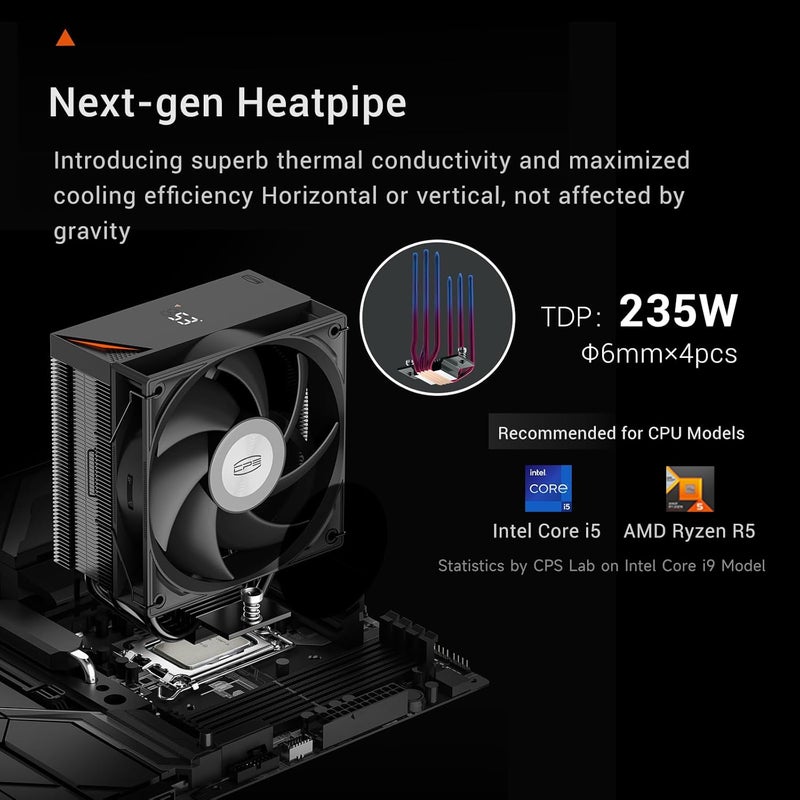 PCCOOLER CPU Air Cooler with Digital Display, Non-RGB Version, 4 Heat Pipes, High-Performance Quiet Tower Cooler, LGA 115X/1200/1700/1851, AM4/AM5 (CPS RT400 Digital BK) - Image 2
